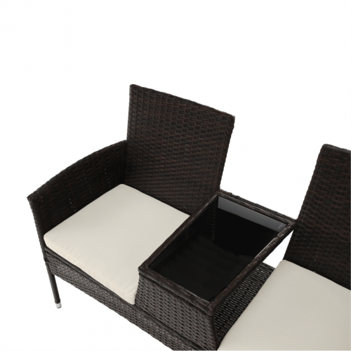 Záhradná lavica so stolíkom a poduškami, hnedá/krémová, LALIT