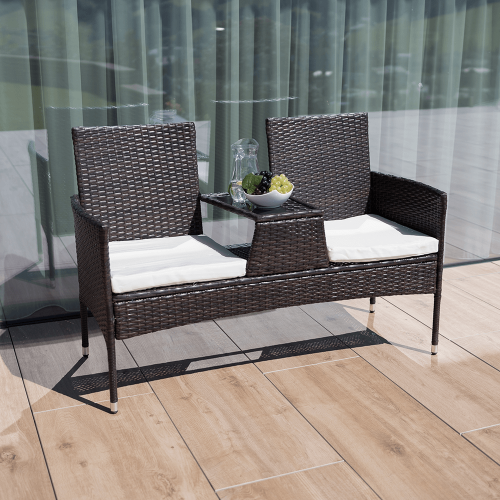 Záhradná lavica so stolíkom a poduškami, hnedá/krémová, LALIT