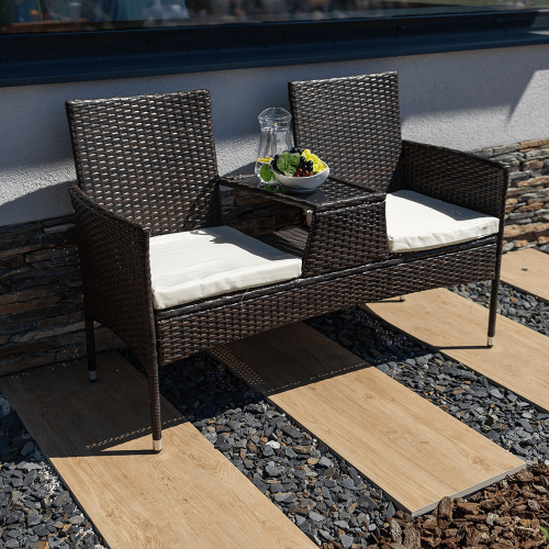 Záhradná lavica so stolíkom a poduškami, hnedá/krémová, LALIT