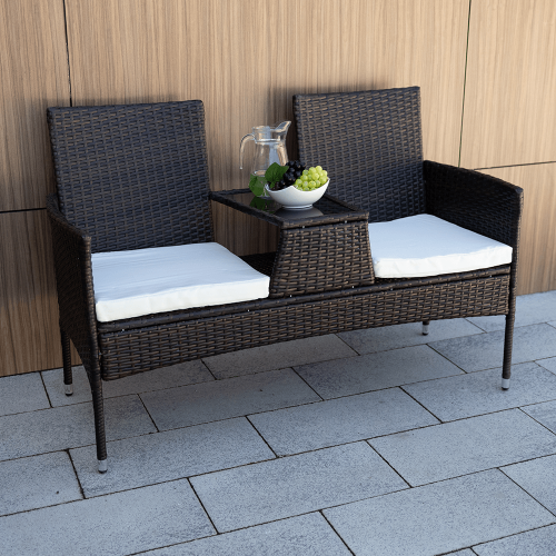 Záhradná lavica so stolíkom a poduškami, hnedá/krémová, LALIT