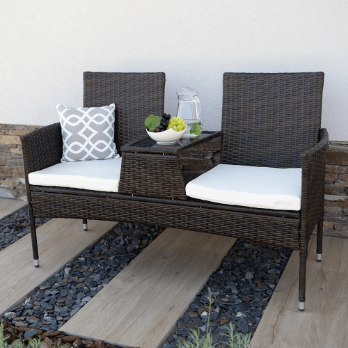 Záhradná lavica so stolíkom a poduškami, hnedá/krémová, LALIT