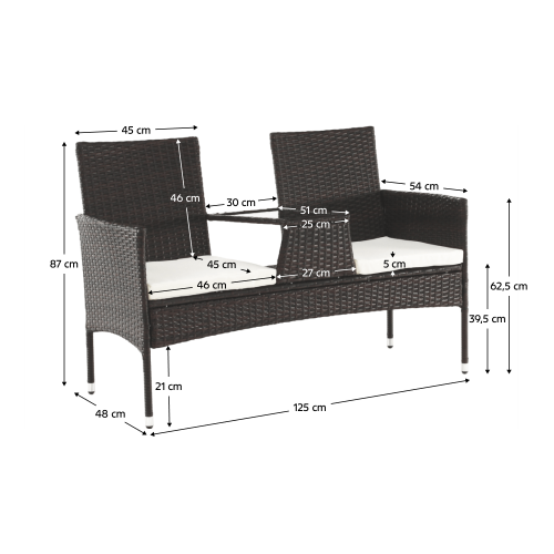 Záhradná lavica so stolíkom a poduškami, hnedá/krémová, LALIT