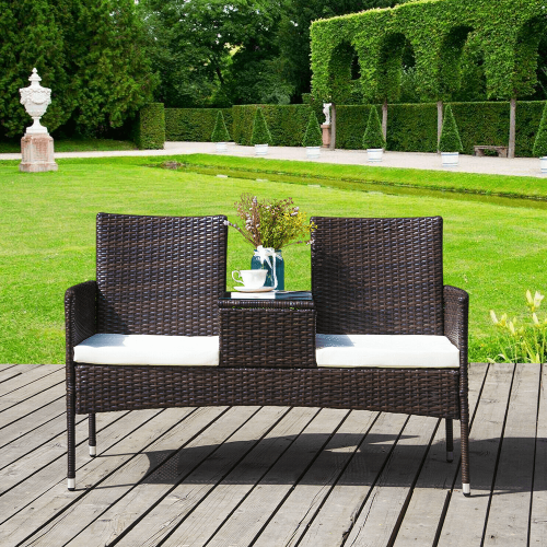 Záhradná lavica so stolíkom a poduškami, hnedá/krémová, LALIT