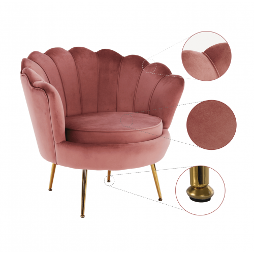 Kreslo v štýle Art-deco, ružová Velvet látka/gold chróm-zlatý, NOBLIN