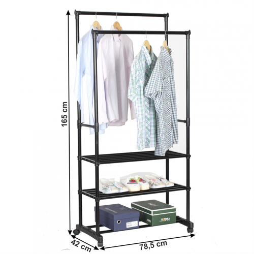 Dvojradový vešiak s policami, čierna, TIRUS