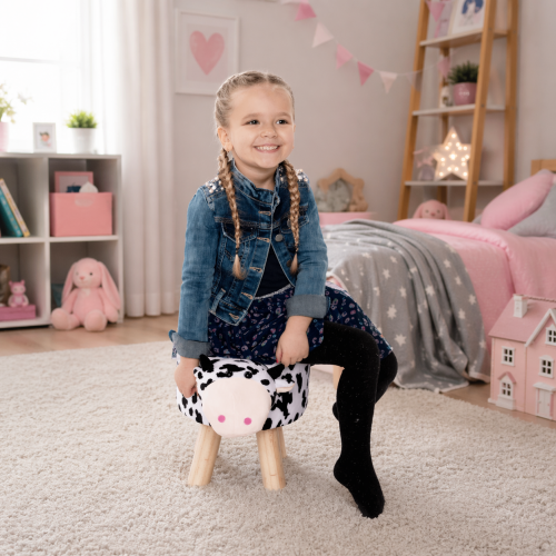 Taburet v tvare kravičky, látka Velvet biela/čierna/prírodná, MOLLY