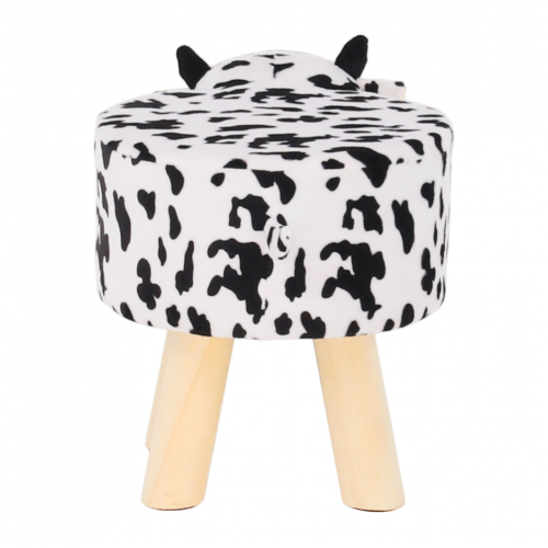 Taburet v tvare kravičky, látka Velvet biela/čierna/prírodná, MOLLY
