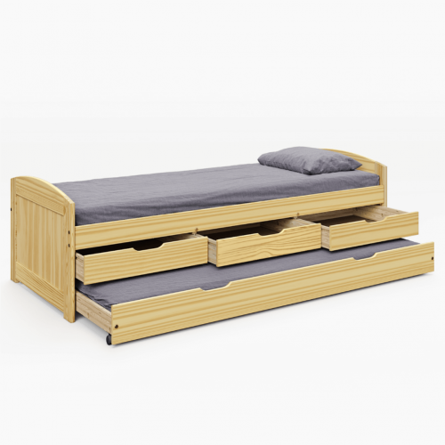 Posteľ s výsuvnou prístelkou, prírodná, masív, 90x200, MARINELLA NEW