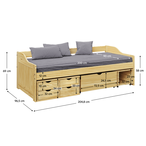 Posteľ s úložným priestorom, prírodná, masív, 90x200, MAXI NEW