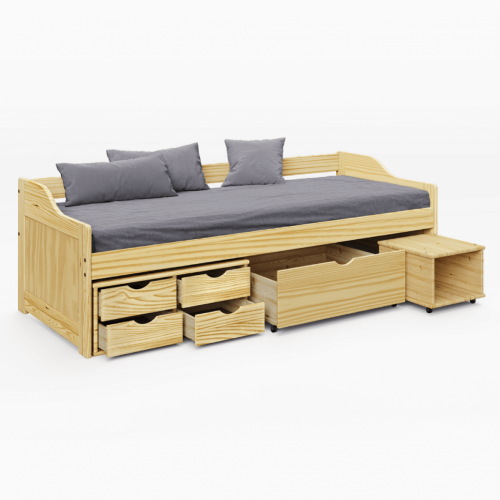 Posteľ s úložným priestorom, prírodná, masív, 90x200, MAXI NEW