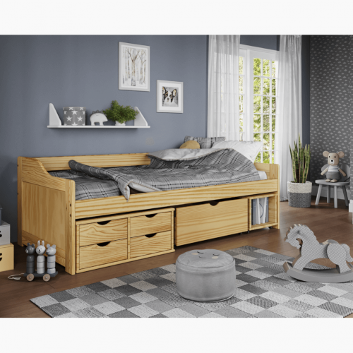 Posteľ s úložným priestorom, prírodná, masív, 90x200, MAXI NEW