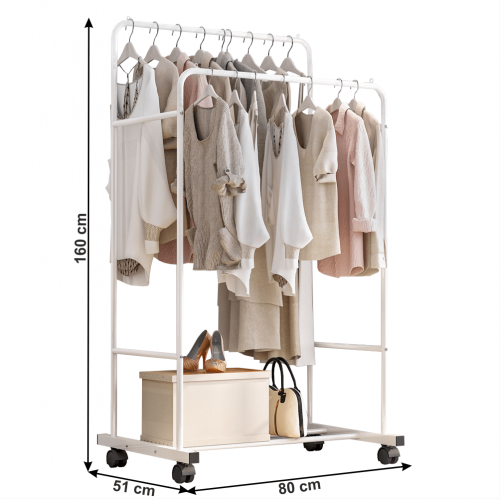 Dvojradový pojazdný vešiak, s policou, biela, ILIANA