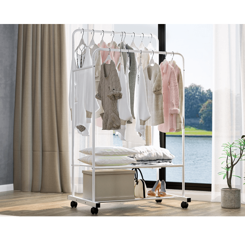 Dvojradový pojazdný vešiak, s policami, biela, RAINER