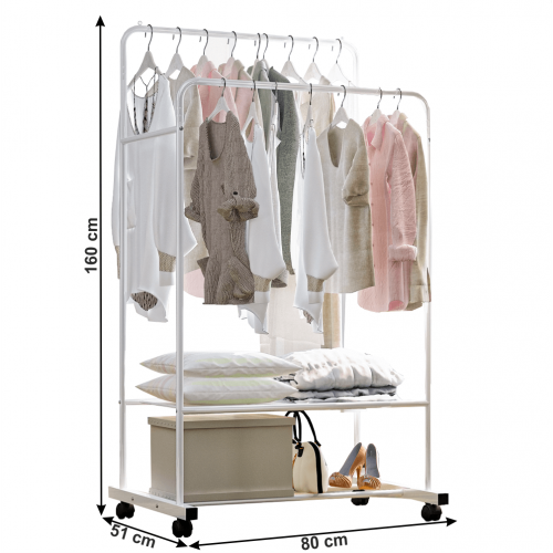 Dvojradový pojazdný vešiak, s policami, biela, RAINER