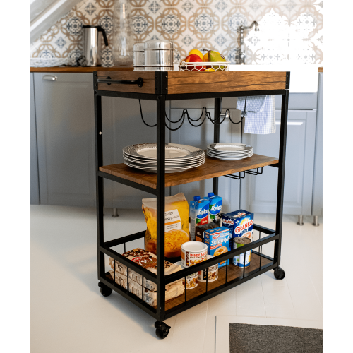 Servírovací vozík, dub smoke/čierna, SILVIUS