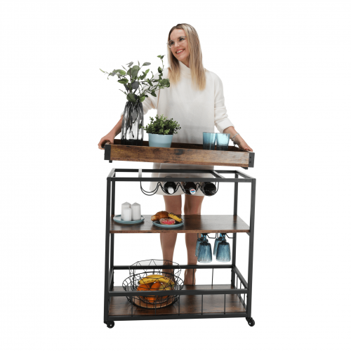 Servírovací vozík, dub smoke/čierna, SILVIUS