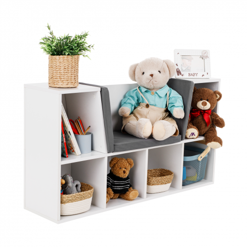Detská knižnica s miestom na sedenie, biela/sivá, FERIA