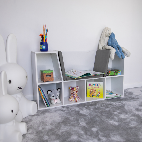 Detská knižnica s miestom na sedenie, biela/sivá, FERIA