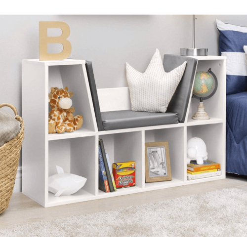 Detská knižnica s miestom na sedenie, biela/sivá, FERIA