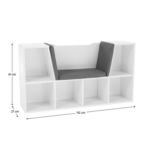 Detská knižnica s miestom na sedenie, biela/sivá, FERIA