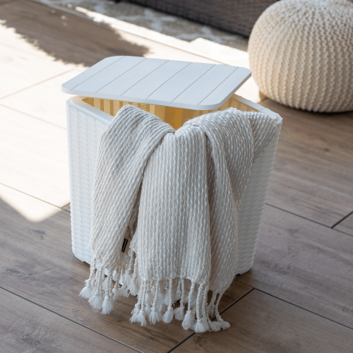 Záhradný úložný box/príručný stolík, biela, UGUR