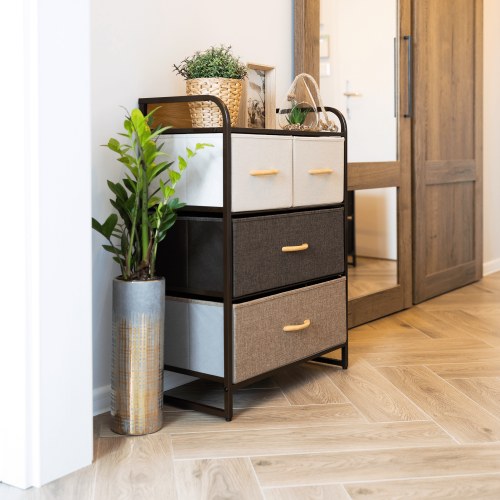 Komoda s látkovými šuplíkmi, béžová/hnedá, HAZEL TYP 2