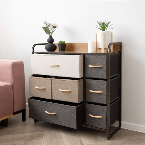 Komoda s látkovými šuplíkmi, béžová/hnedá, HAZEL TYP 3