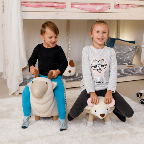 Taburet v tvare ovečky, látka Velvet biela/ružová/prírodná, LOLA