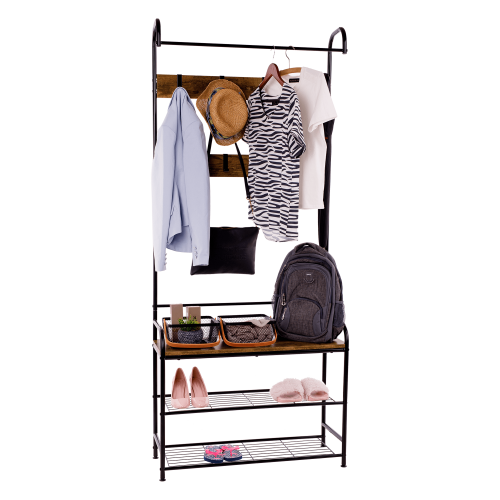 Vešiak s botníkom, čierny kov/MDF rustikálne drevo, KELAM