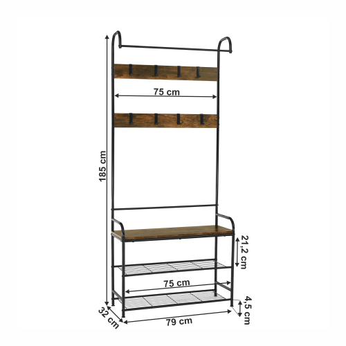 Vešiak s botníkom, čierny kov/MDF rustikálne drevo, KELAM