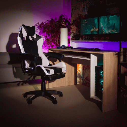 Kancelárske/herné kreslo s RGB LED podsvietením, čierna/biela, JOVELA