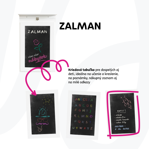 Skladací stôl na stenu, s kriedovou tabuľou, biela, ZALMAN