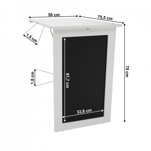Skladací stôl na stenu, s kriedovou tabuľou, biela, ZALMAN