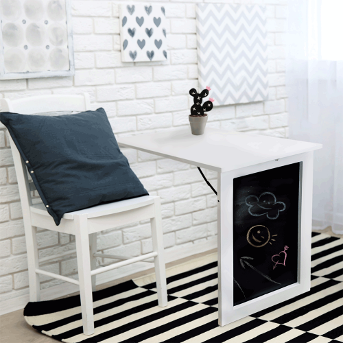 Skladací stôl na stenu, s kriedovou tabuľou, biela, ZALMAN